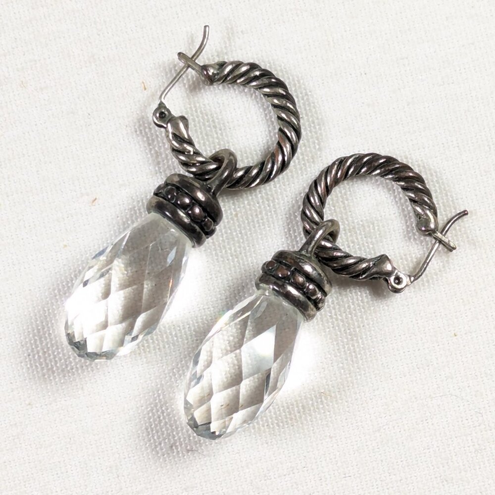 Small chunky silver plated hoop earrings with large crystal dangles